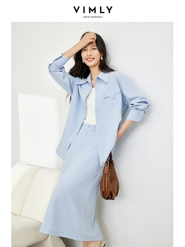 Vimly Women Spring Outfit 2 Piece Set 2024 Clothing New in Matching Sets Blue Straight Split Midi Skirts Button Down Shirt M5062