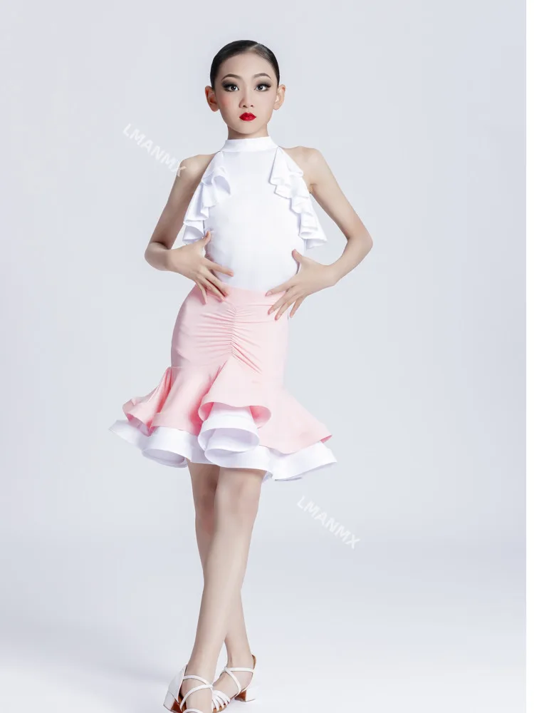 Pink Latin american Dance Costume Girls Dress Tango Chacha Rumba Performance Suit Kids Practice Clothes samba dancewear ballroom