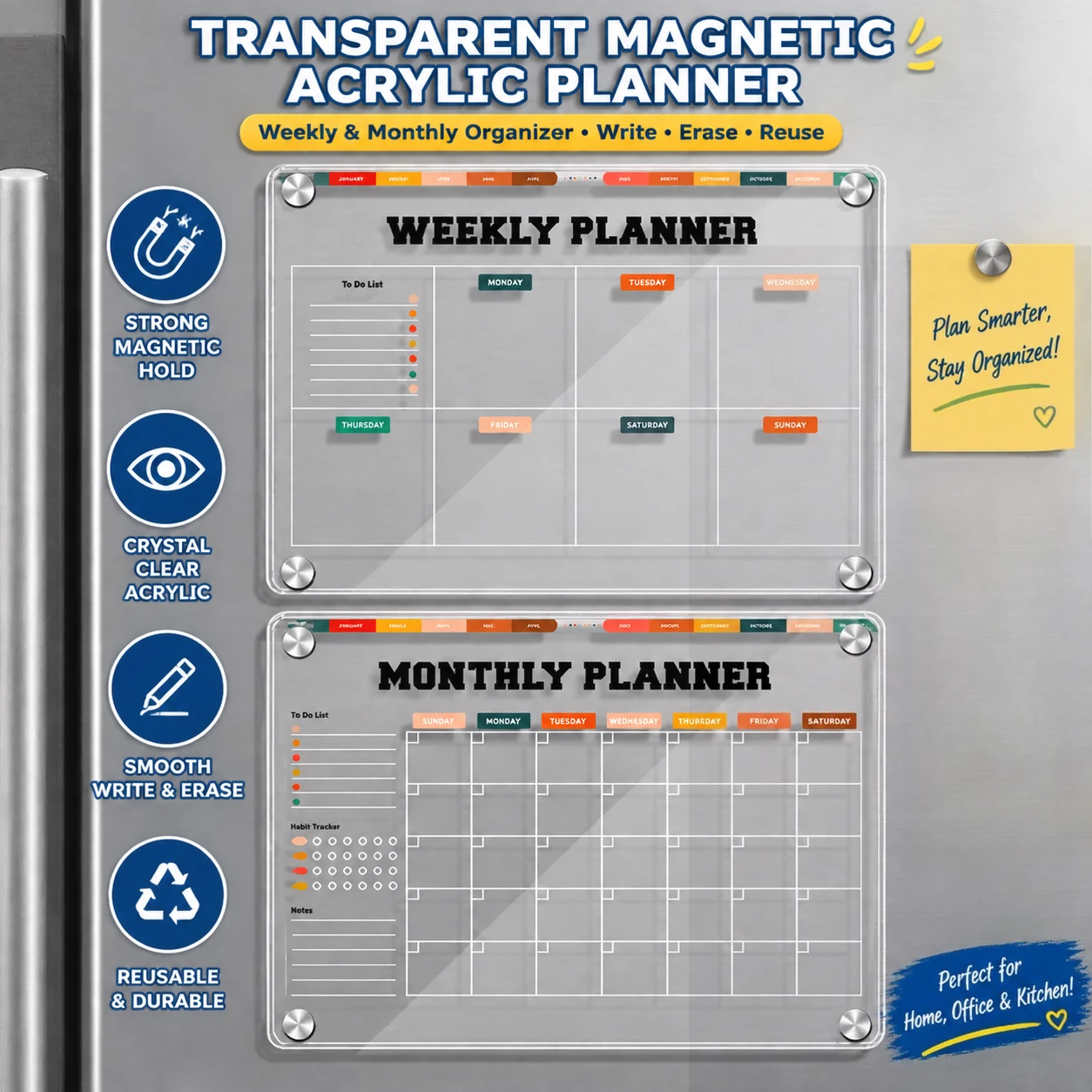 Transparent Magnetic Acrylic Weekly Monthly Planner Wipeable Fridge Message Board  A4 Note Board Home Office Stationery