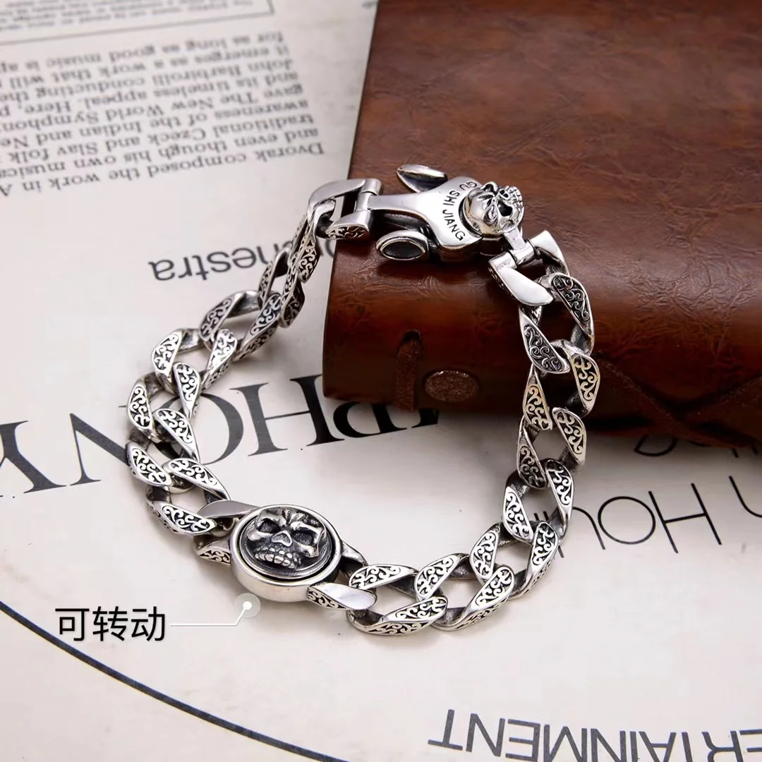 

Wholesale S925 Sterling Silver Rotable Skull Bracelet Men's European Fashion Hip Hop Cuban Bracelet