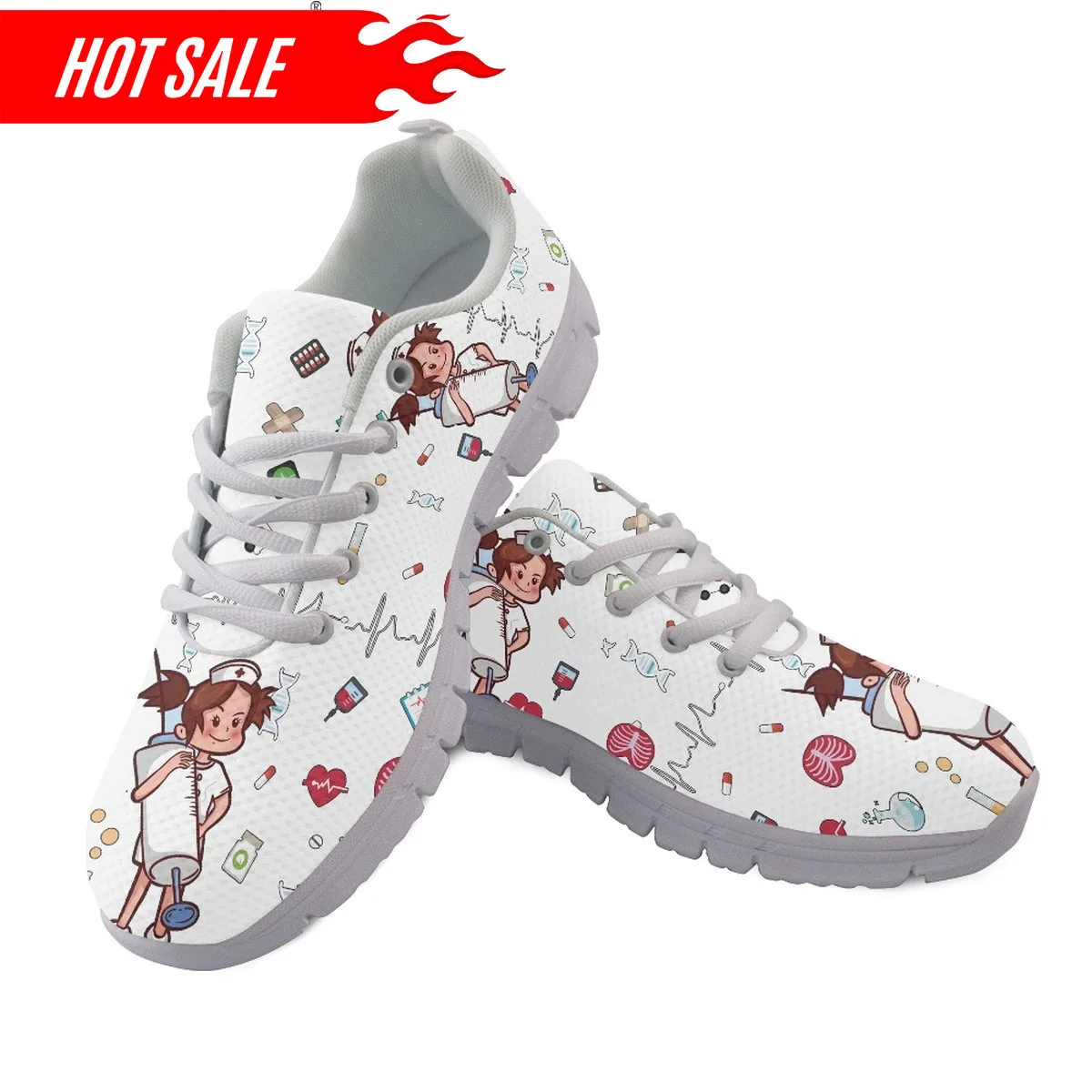 Women Lace Up Nurse Shoes Syringe Medical Heartbeat Pattern Female Casual Mesh Flats Sneaker Girls Zapatillas Mujer