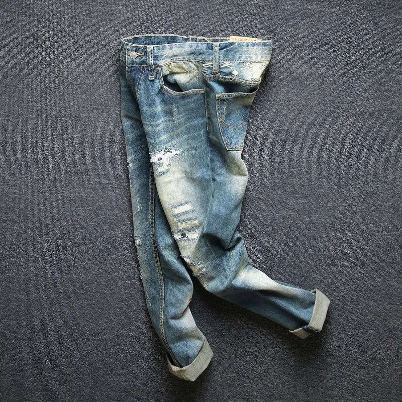 Fashion Vintage Men Jeans High Quality Retro Blue Straight Patched Ripped Jeans Men Skull Embroidery Designer Denim Pants Hombre