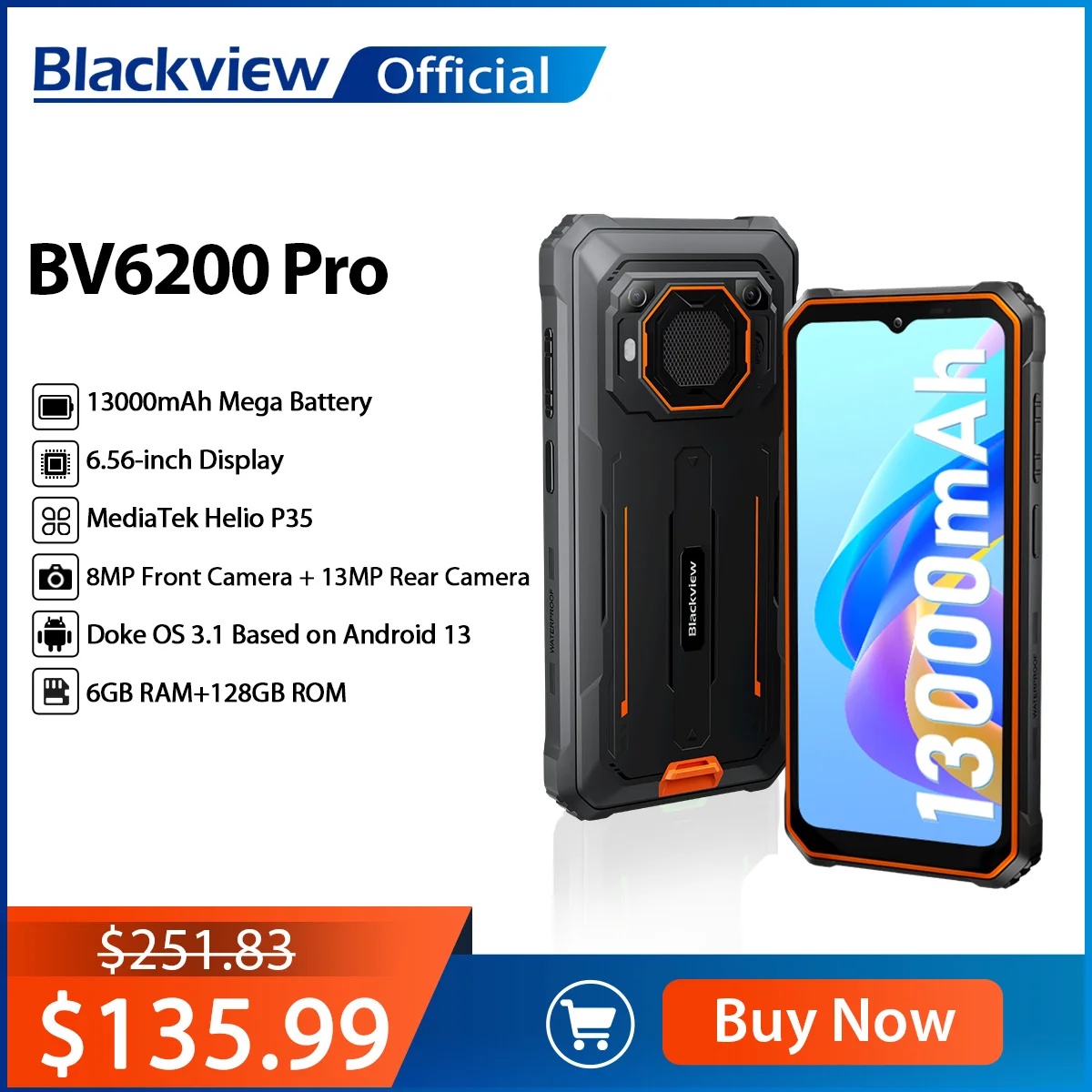 Pro Smartphone Robusto Celular Nfc Android 13 656 Helio P35 6gb Mais 128gb 13000mah Carga Rápida 18w Blackview-bv6200