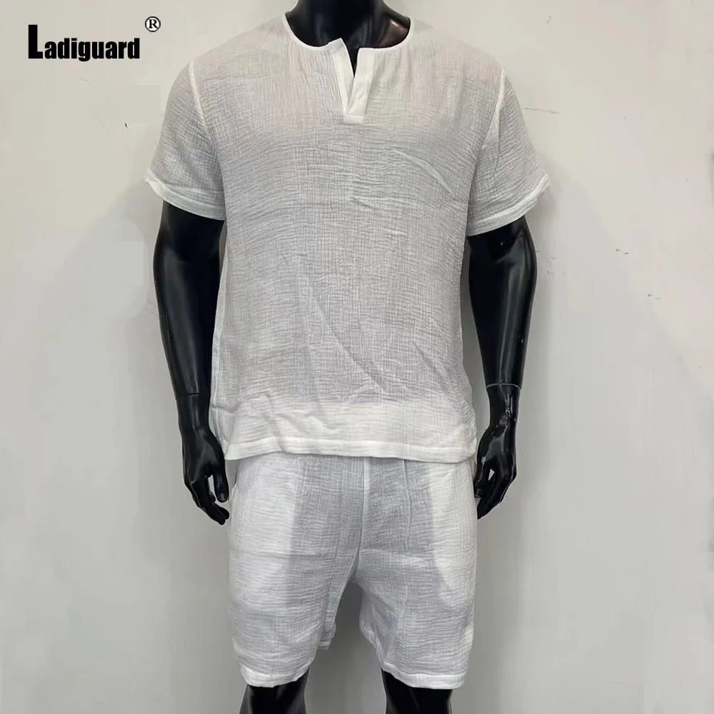 Men Casual Beach Two Piece Sets 2024 Short Sleeve Tops Blouse and Elastic Waist Shorts Suit White Thin Soft Tracksuits Set Male