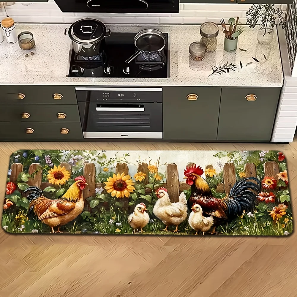 Rustic Farm Animal Chicken Sunflower Floral Long Runner Mat  Rural Garden Fence Print Farm Style Kitchen Laundry Decor Rug