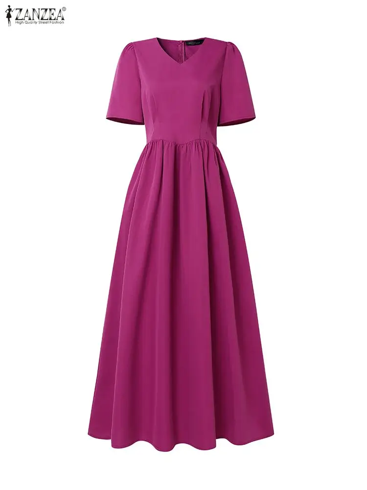 فساتين حفلات ميدي أنيقة للنساء موضة قصيرة الأكمام منتفخة ورقبة على شكل حرف v خصر مناسب للنساء على شكل حرف a فستان ZANZEA ملابس ضيوف الزفاف