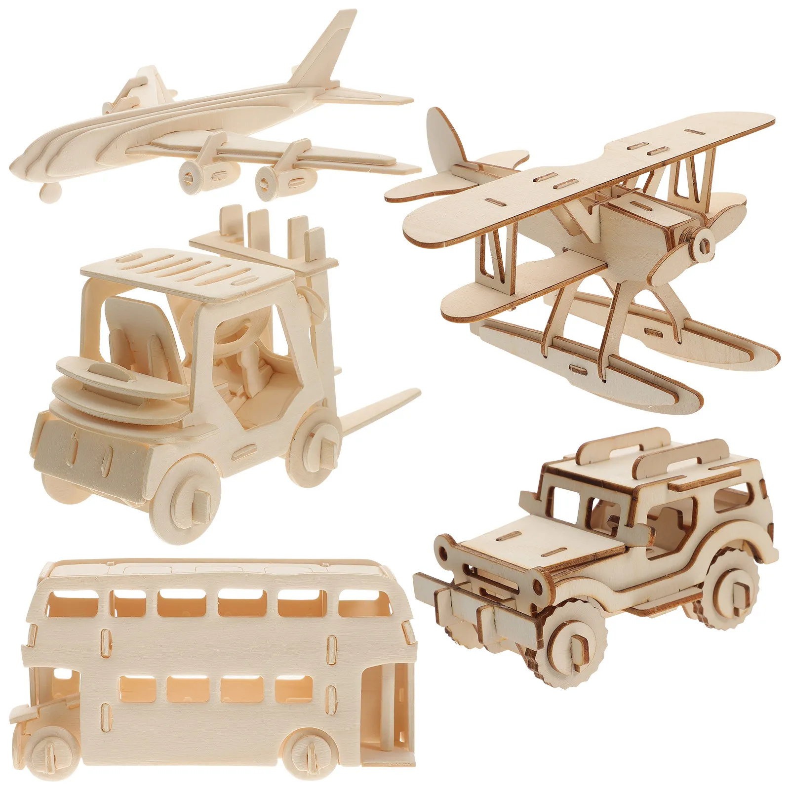 

Набор из 5 деревянных 3D-пазлов: Самолет, Автобус, Автомобиль, Погрузчик. Развивающий конструктор для детей, обучающий когнитивным навыкам.