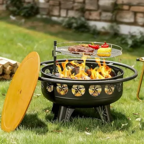 32 Inch Fire Pit with Swivel Cooking Grate,3-in-1 Wood Burning Firt with Grill,Outdoor Fire Pits Table with Metal Lid