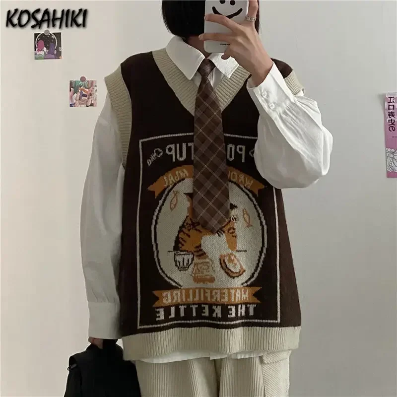 KOSAHIKI Sweater Vest Women Kawaii Cat Waistcoat Streetwear Knitting Chic Fashion College All-match Harajuku Y2k Vests Chandails