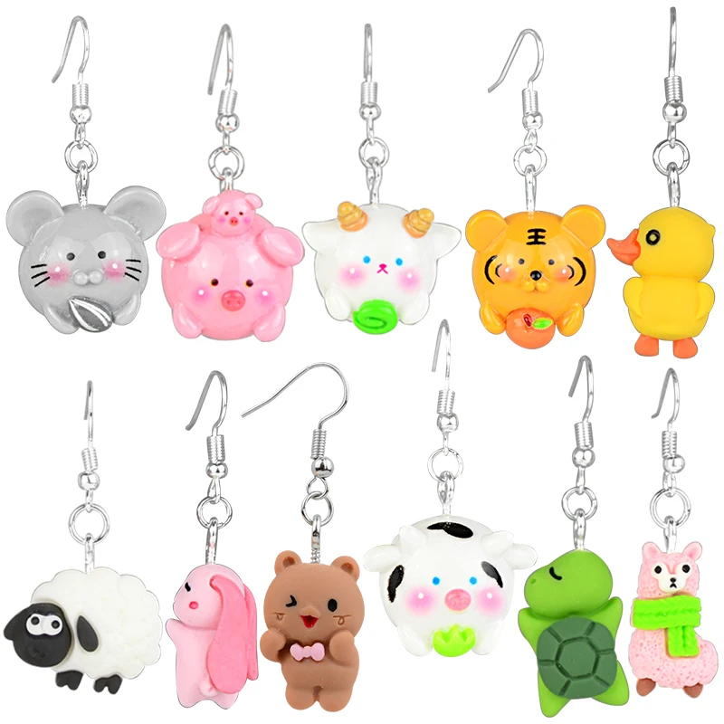 Cartoon Girl Resin Earrings For Women Girls Funny Duck Cute Animal Sheep Alpaca 12 Zodiac Signs Creativity Jewelry