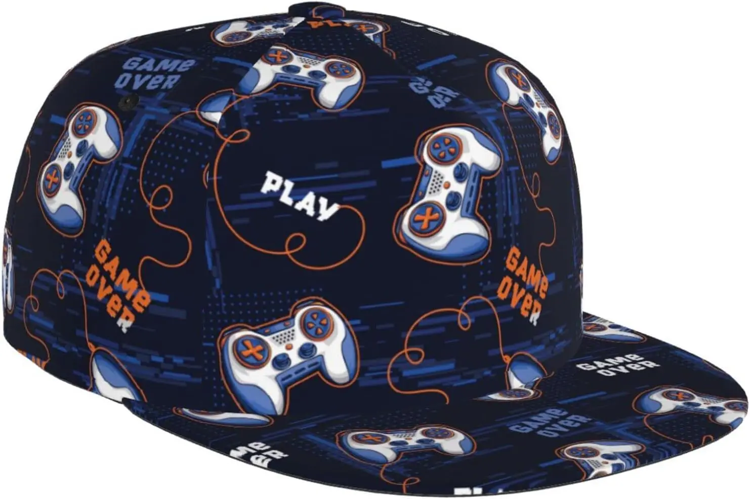 Gamepad Player Gaming Joystick Pattern Flat Bill Hat, Unisex Snapback Baseball Cap Hip Hop Style Flat Visor Blank Adjusta