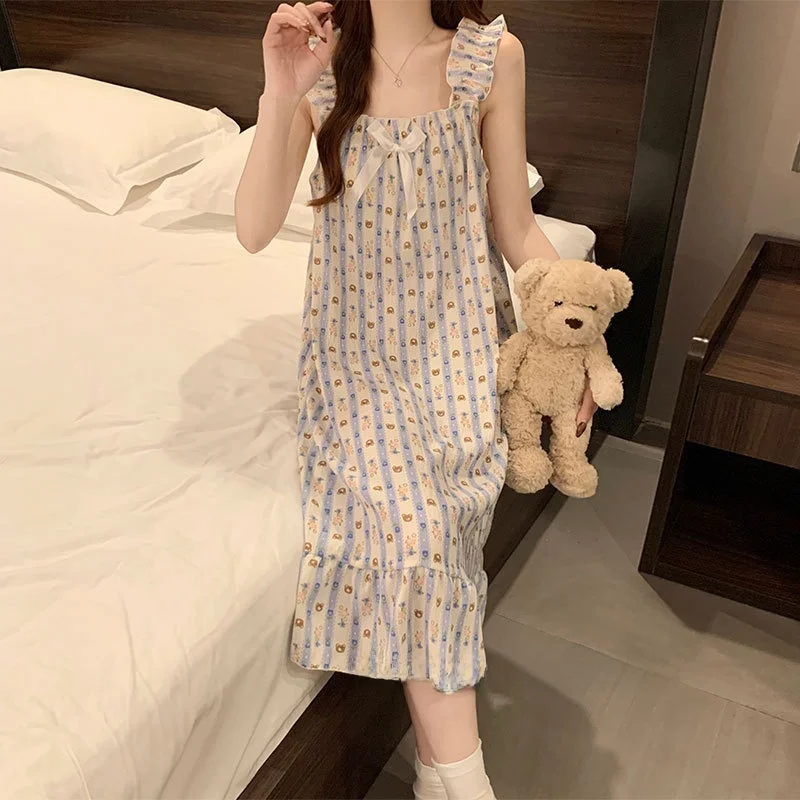 

Summer Striped Spwear Women's Sweet Cute Chest Pad Strap Home Clothes Long Skirt Sle Comfortable Breathable Cotton Polye...