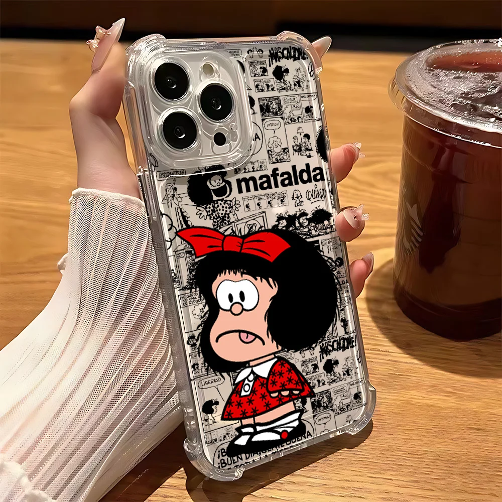 Cute Cartoon Bow Mafaldas Phone Case for IPhone 16 15 14 13 12 11 Mini Pro Max X XR XSMax 7 8 Plus Shockproof Transparent Cover