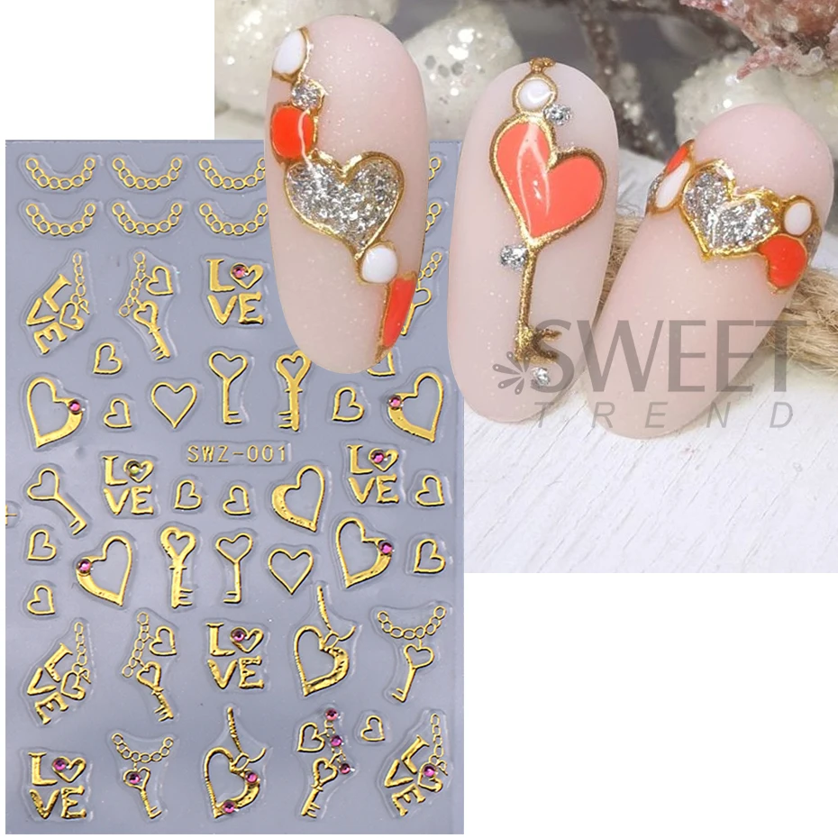 3D Bronzing Gold Liebe Herz Nail art Aufkleber Valentine Design Key Lock Bogen Klebe Sliders Nagel Aufkleber DIY Maniküre Dekoration