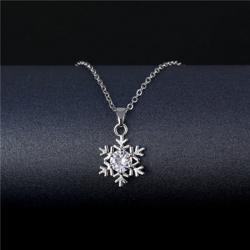 Women Girls Cute Snowflake Pendant Necklace Crystal Choker Stainless Steel Chain Snow Necklace Jewelry Christmas New Year Gift