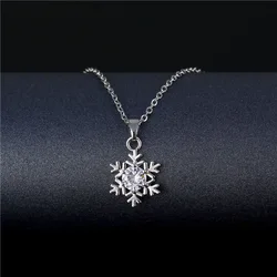 Women Girls Cute Snowflake Pendant Necklace Crystal Choker Stainless Steel Chain Snow Necklace Jewelry Christmas New Year Gift