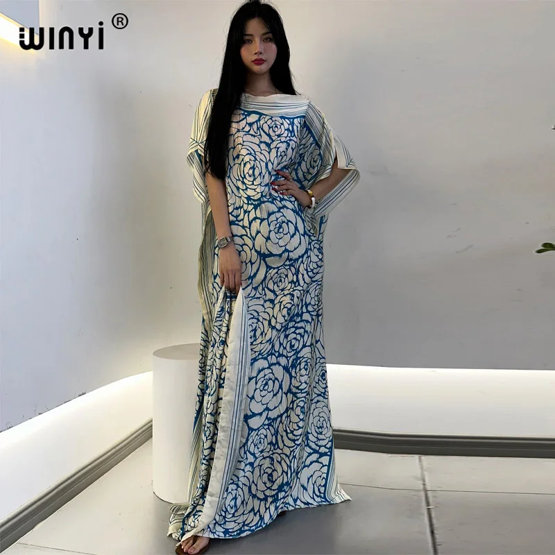 WINYI maxi african print clothing for women Dubai Muslim Dashiki kaftan holiday Design With belt evening dress abaya party dress