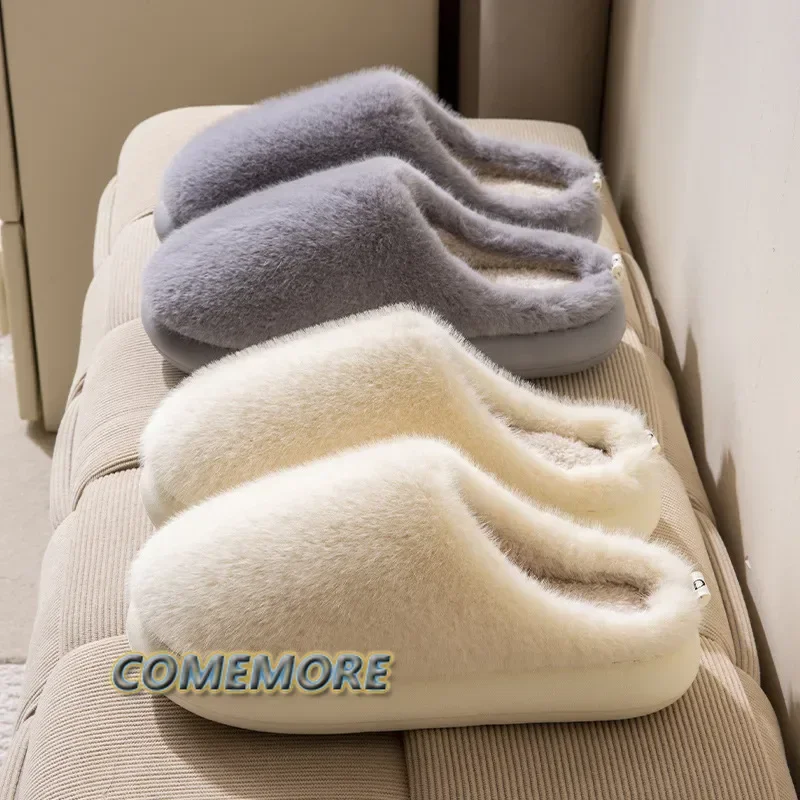 

Зимние теплые тапочки, мужские лаконичные шлепанцы на мягкой подошве, 2025 г., новые женские повседневные шлепанцы на платформе на плоской подошве, удобная парная нескользящая обувь для спальни