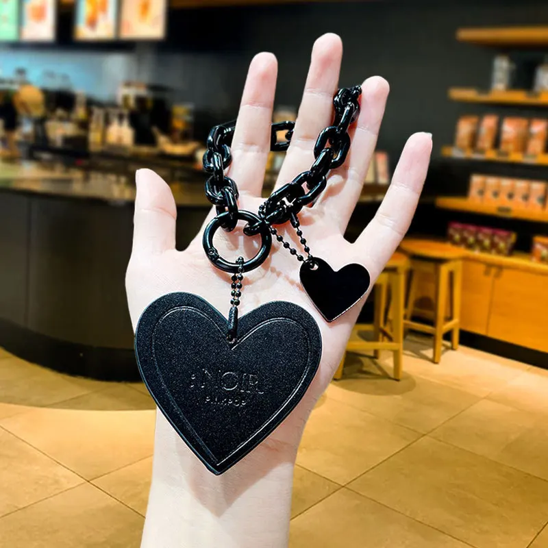 Fashion Black Leather Love Heart Keychain Cartoon INS Personality Bracelet Chain Cool Pendant Keyring Couple Bag Charm Ornaments