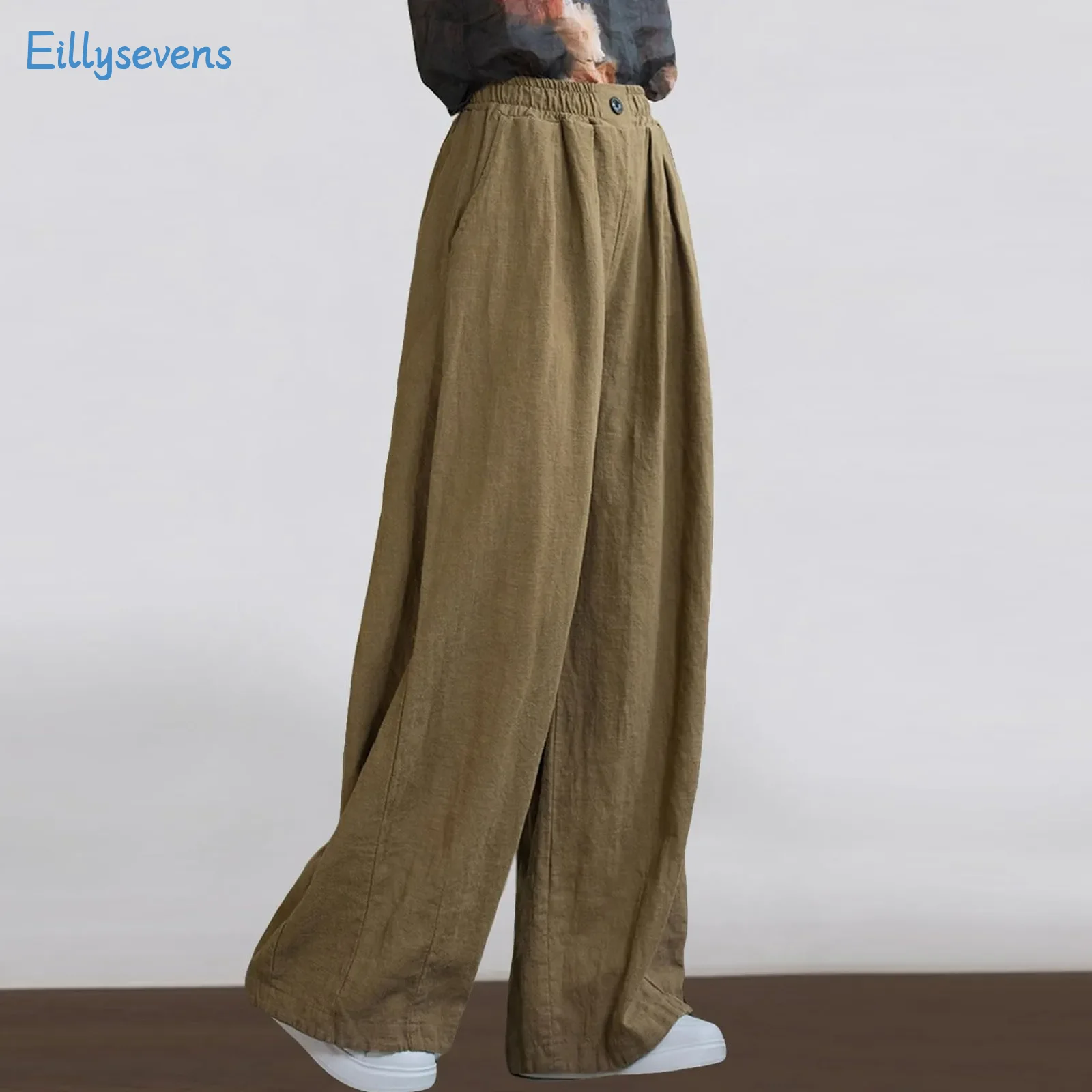 

Women'S High Waist Trousers Summer New Solid Casual Button Elastic Waist Pants With Pockets Loose Straight Floor Mopping Pants