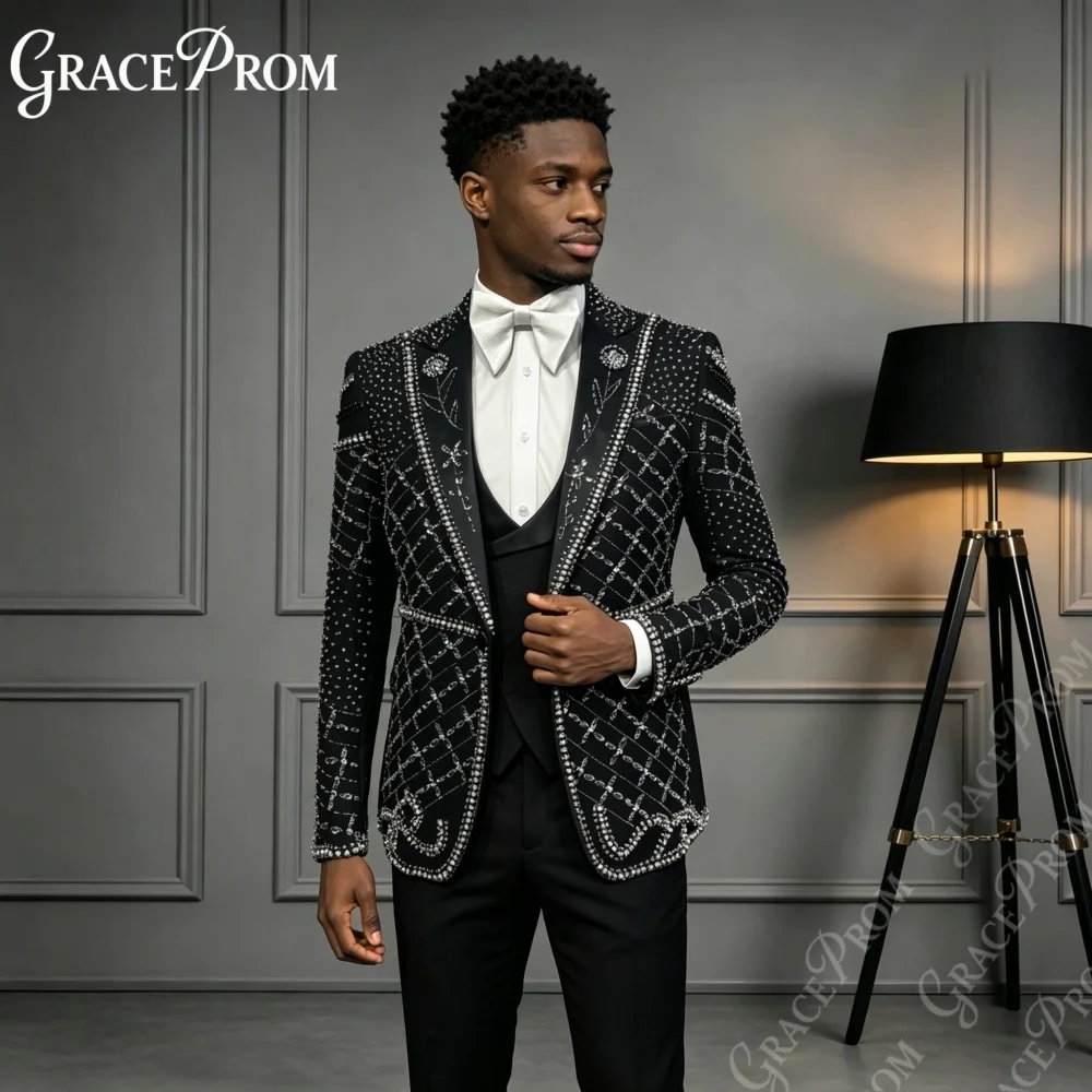 Glamorous Black Silver Rhinestone Grid Men Suits 2027 3PCS Wedding Groom Sets Man Shawl Suit Set Banquet Prom Crystal Beaded