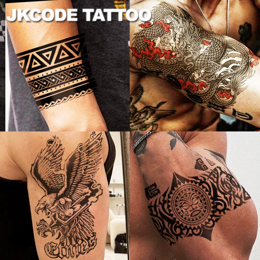 Large Size Tattoo Set -4 Pcs Dual-Purpose Arm Ring Tattoo - Black Arm Ring Tattoo Stickers - Flying Dragon and Flying Eagle Arm Tattoos - Dual-Use Men's and Couple's Geometric Pattern Long Strip Temporary Tattoos - Lasts for 3-7 Days