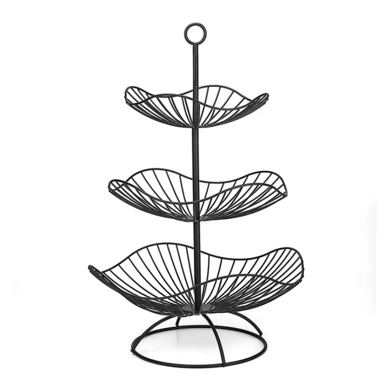 1Wyn household 3-layer countertop fruit snack holder removable metal cast iron black fruit basket bowl