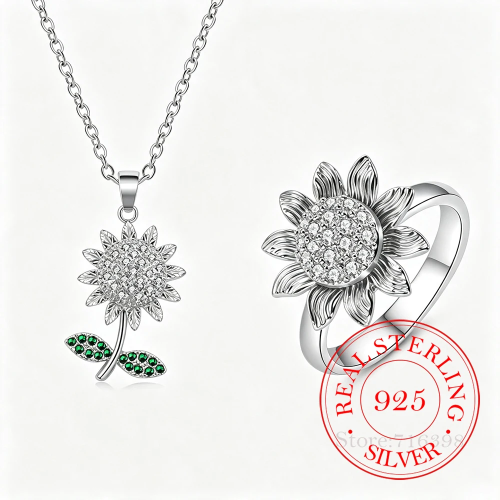 925 Sterling Silver Jewelry Crystal Sunflower Spinning Jewelry Set 2pcs Rings Necklace for Women Wedding Party Jewelry Gift