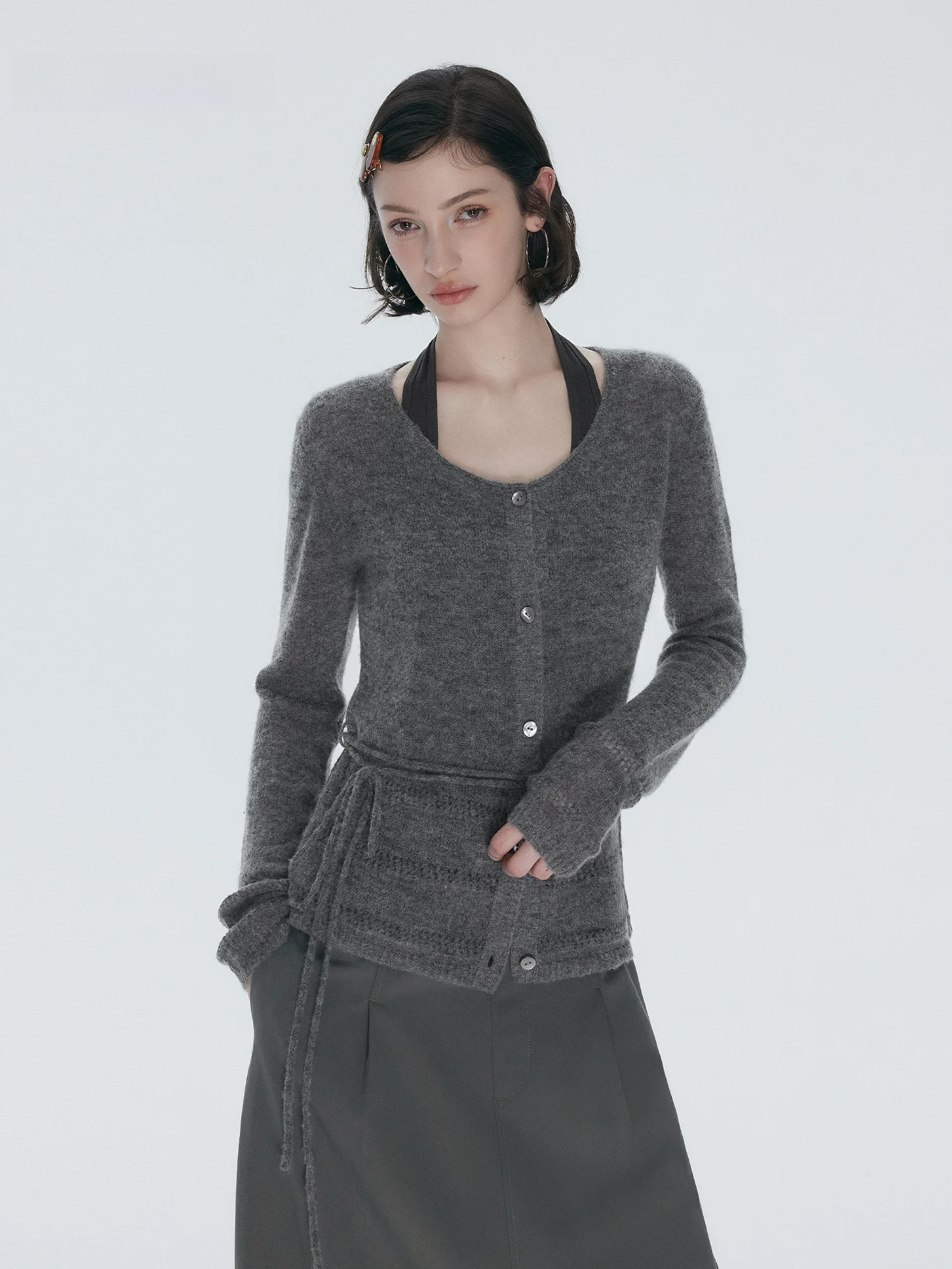 

Annachic Casual Chic Long Sleeve Knitted Cardigan Velvet Cloud Sensation Belted Open Front Sweater Women's Fashion Spring