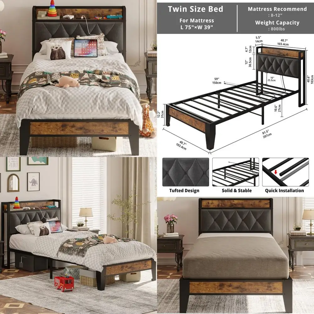 

Twin Size Bed Frame with Storage Headboard, Outlets Included, Easy Assembly, Sturdy and Quiet, No Box Spring Needed - Perfect fo