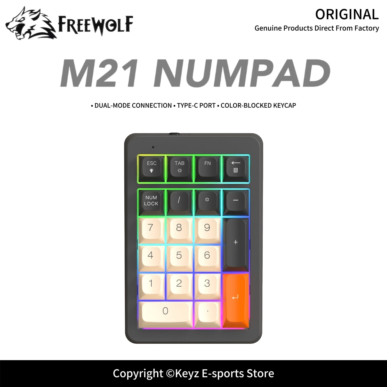 Teclado Numérico Inalámbrico de 21 Teclas FREEWOLF M21, Teclado Numérico para Juegos de Modo Dual, Batería de 950 mAh, Bloqueo Numérico Asíncrono RGB para Deportes Electrónicos