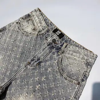 American Y2K Light Luxury Quality Retro Denim Shorts Summer Hip Hop INS Men Loose Shave Jacquard Couple Denim Five Point Pants 3