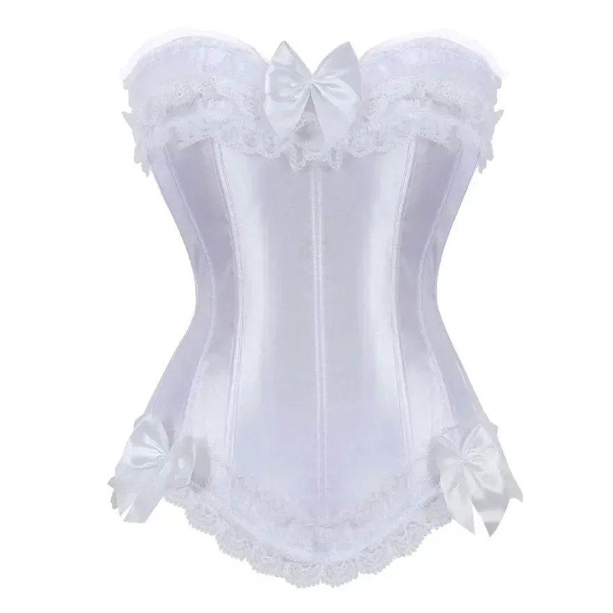 

Satin Overbust Corset Top Women Gothic Victorian Lace Up Zip Overbust Bustier with Bowknot White Bridal Lingerier