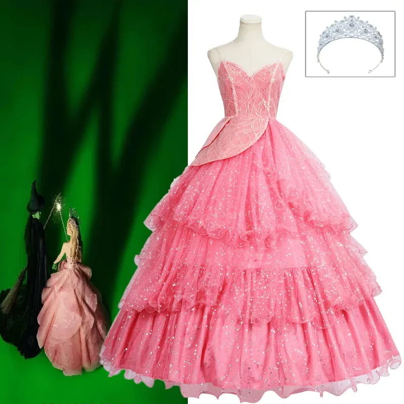 Wicked Glinda Cosplay Costume Pink Wedding Princess Evening Dress Crown Outfits Accessories Halloween Carnival Role Play Uniform