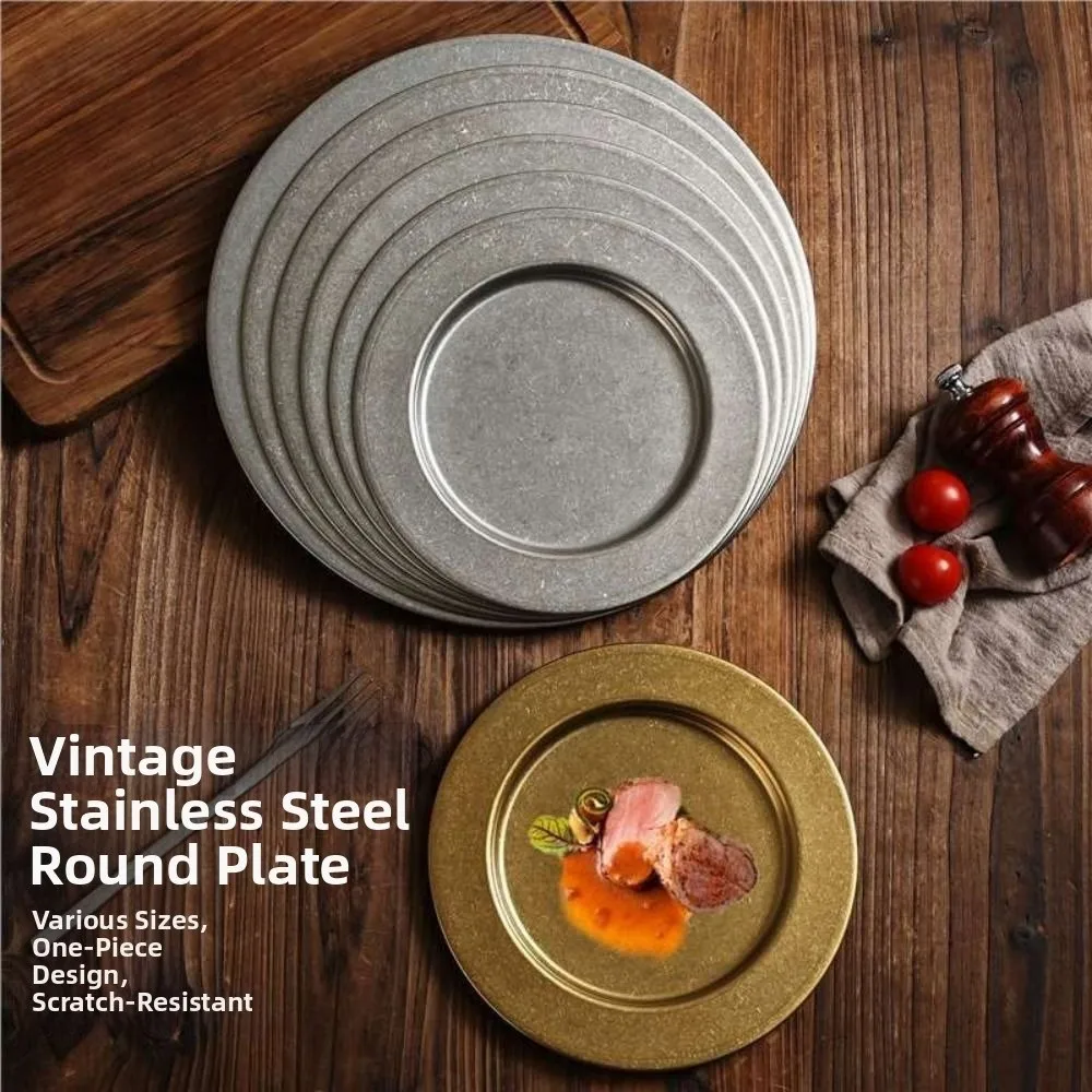 Stainless Steel Dinner Plate Round Dinner Plate Stainless Steel Vintage Gold Serving Plate Raised Rim Textured Finish