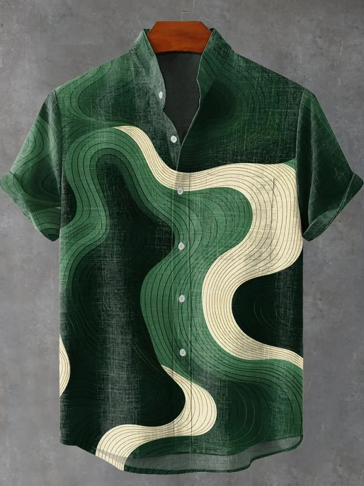 

Korean Fashion Abstract Green Geometric Stripes Vintage Print Casual Shirt Outwear Summer Holiday Short Sleeve Tops Harajuku