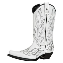 Men Boots Leather Autumn Winter Fashion Tip Mid-calf Handmade Retro Shoes White Boots for Men Zapatos De Hombre