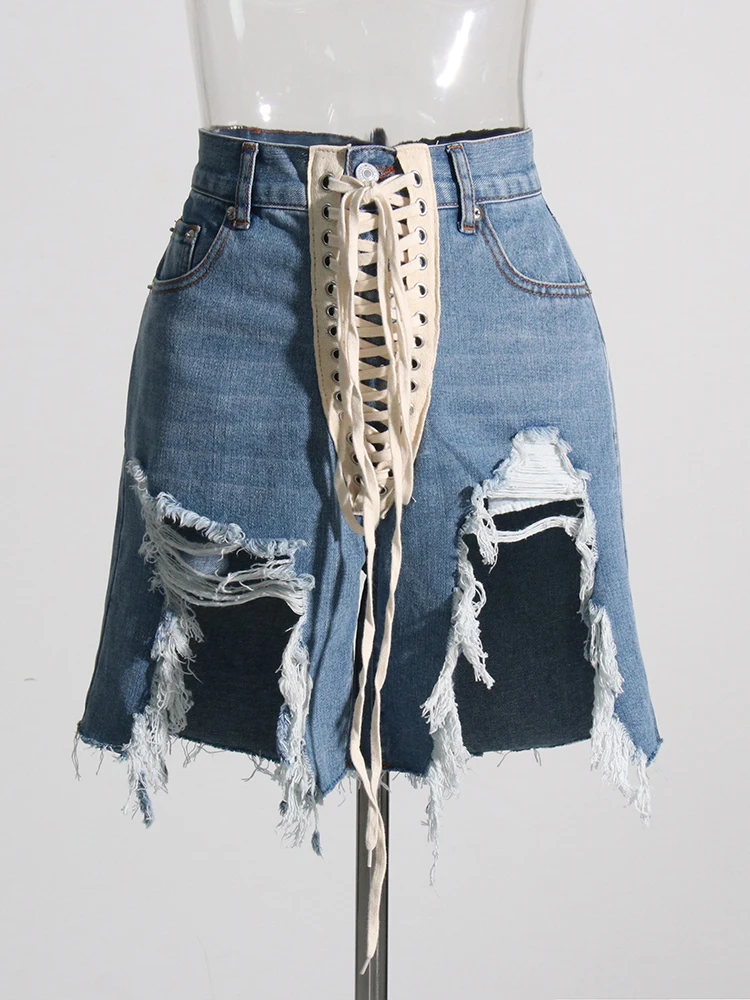 TWOTWINSTYLE Patchwork Ribbons Denim Shorts For Women High Waist Hollow Out Casual Streetwear Short Trousers Female Fashion 2022
