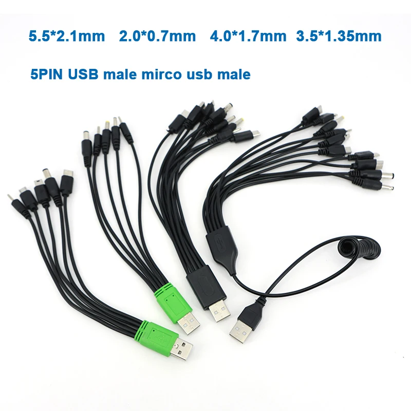 1 USB Male to 5Way 10 Way Type C DC 5.5x2.1mm 2.0x0.7mm Male 5P V3 V8 Micro USB Male Power Charging Spring Cable