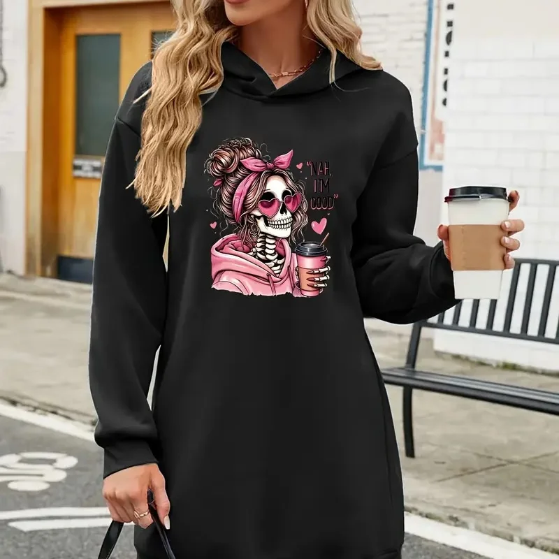 2025 fashionable women's floral 3D pattern hoodie dress, flowing long skirt stylish hoodie dress