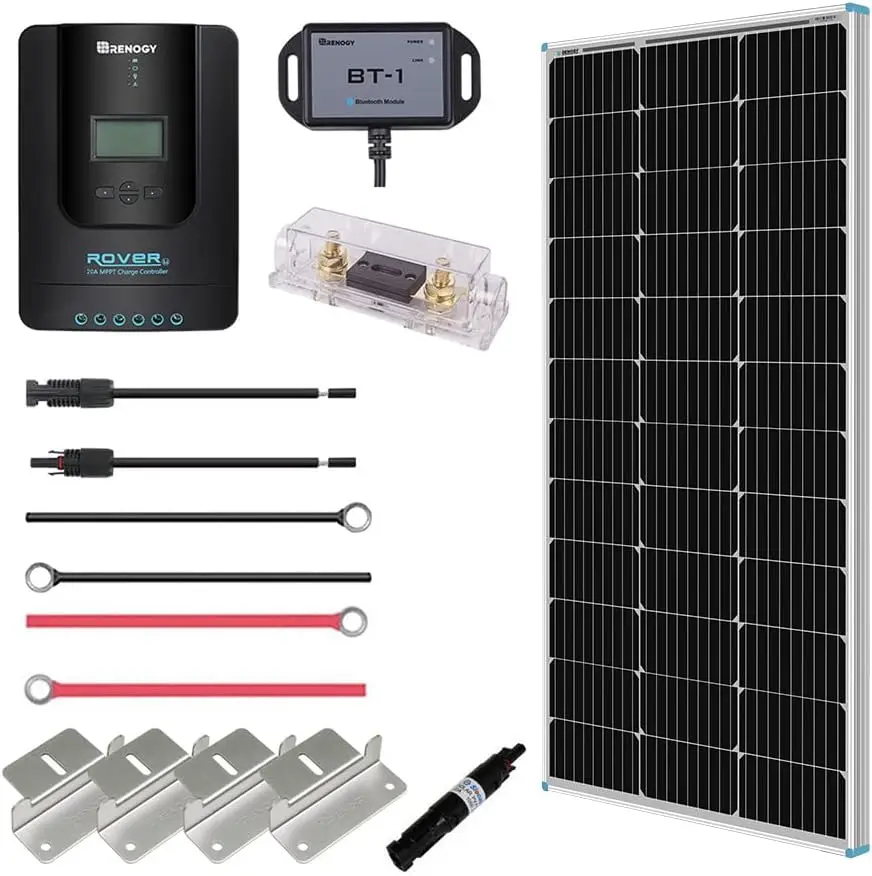 100 Watt 12 Volt Off Grid Solar Premium Kit With Monocrystalline Solar Panel And 20A Mppt Rover Controller Black