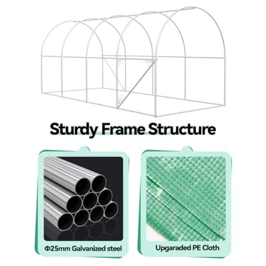 Walk-in Tunnel Greenhouse for gardening, galvanized steel frame with green PE cover, 15x7x7 ft size, zipper door for easy acces
