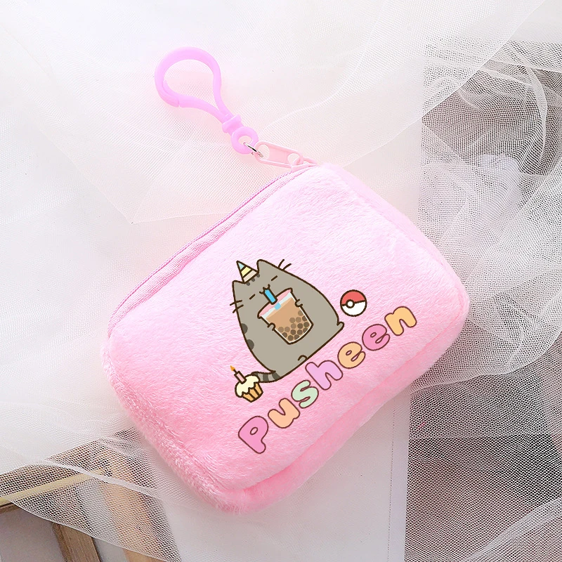 Pusheen Cat Mini Plush Coin Purse Cartoon Anime Pink Canvas Square Storage Bag ID KeyCase Handbag Kids Girls Birthday Cute Gifts