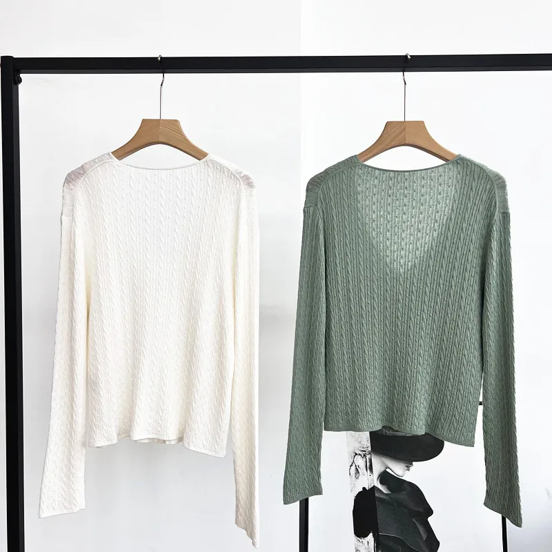 

Новый женский кардиган с v-образным вырезом на пуговицах и длинными рукавами, витой свободный шелковый шерстяной вязаный тонкий топ