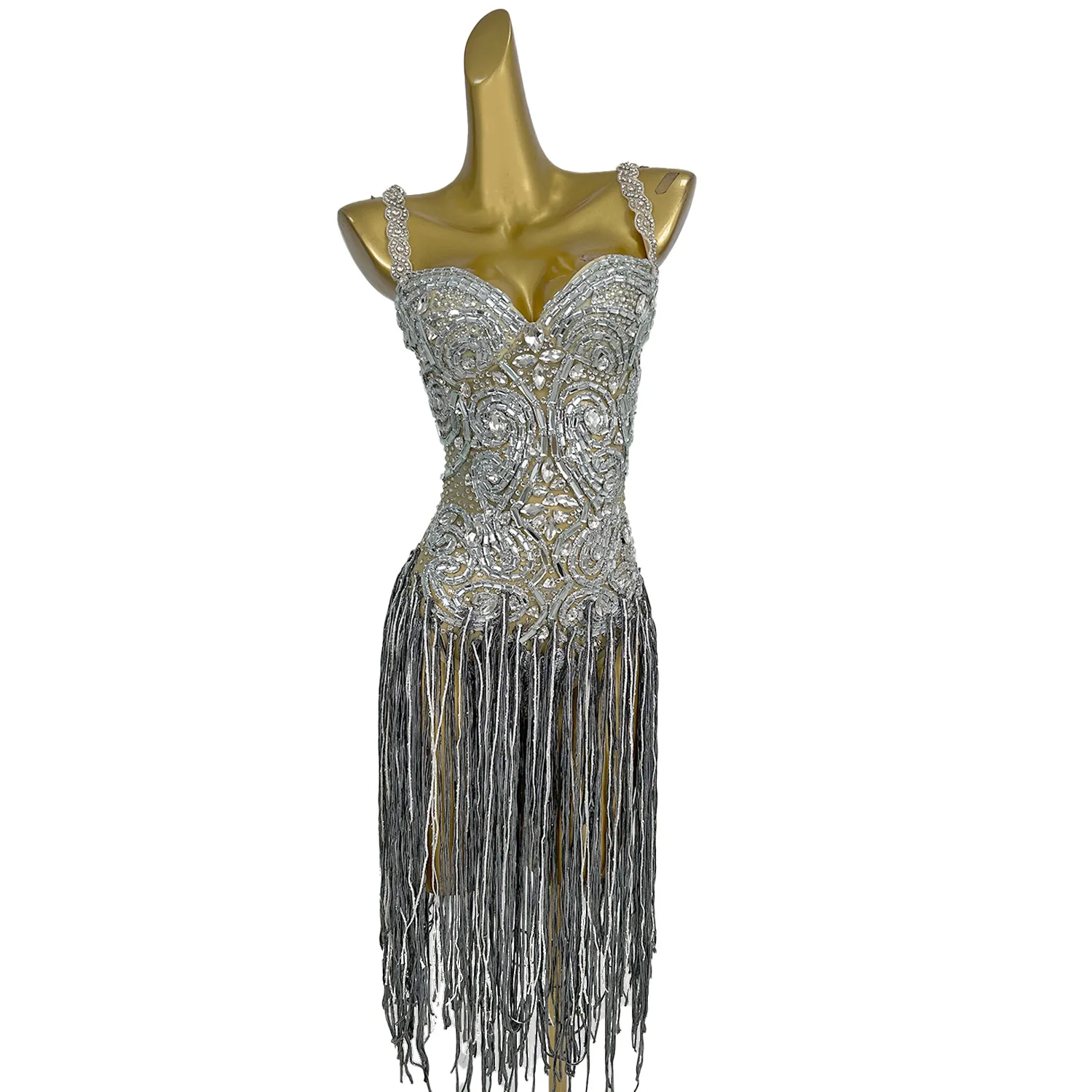 

Silver Sequin Rhinestone Tassel Night Club Party Bodysuits Women Spaghetti Strap Aerial Dance Leotard Show One Piece Jumpsuit