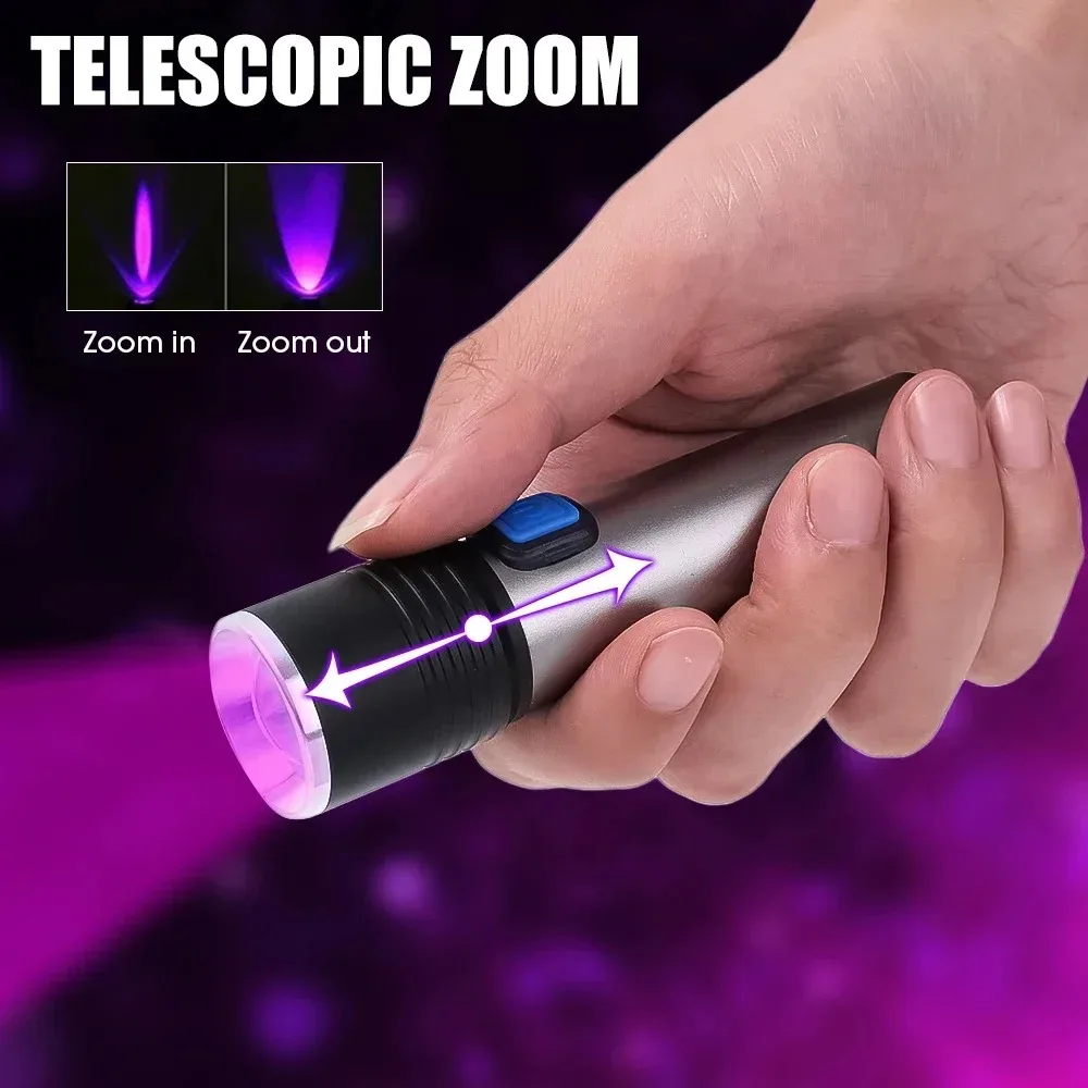 Linterna UV 395nm con zoom IPX4 impermeable Stonego, lámpara UV recargable por USB, antorcha ultravioleta de inspección para orina de mascotas