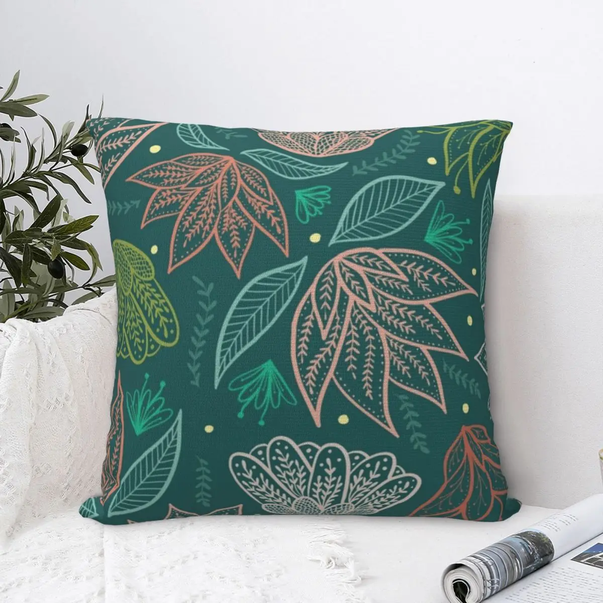 Bohemian Florals - Teal Square Pillowcase Polyester Pillow Cover Velvet Cushion Decor Comfort Throw Pillow For Home Bedroom