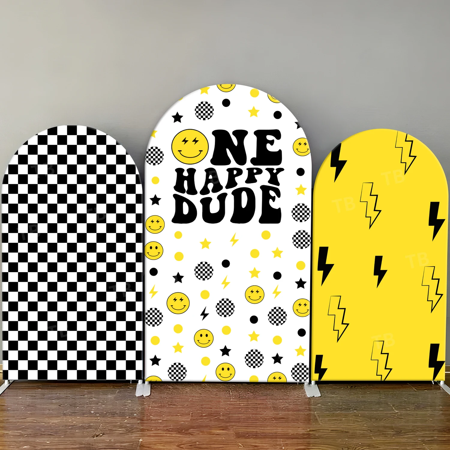 

TB One Happy Dude Arch Backdrop Cover Black Grid Yellow Lightning Kids Birthday Party Decor Photo Background Wall Elastic Fabric