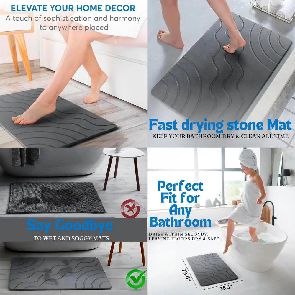 

Gray Diatomaceous Earth Bath Mat - Quick Drying, Super Absorbent, Non-Slip Shower Mat for Bathroom & Kitchen (23.6x15.3)