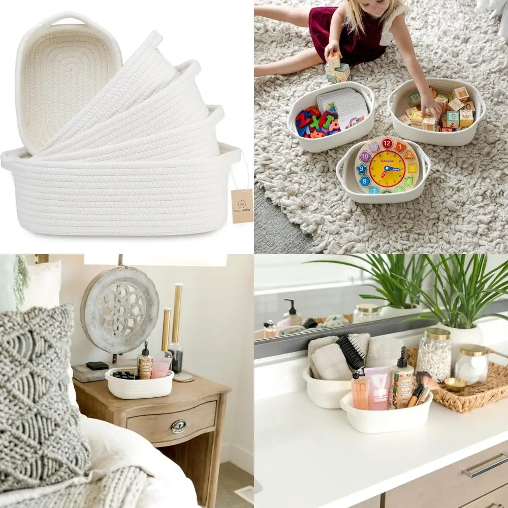 

Набор корзин из веревки из органического хлопка — прямоугольные решения для хранения из 5 предметов для организации предметов первой необходимости Монтессори, детской комнаты и ребенка